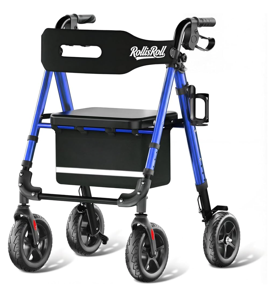 Walkers for Seniors Taller 5.3~7ft, Lightweight Foldable Rollator Walker, Built in Cable, Reinforced Aluminum Frame, 8" Big Rubber Wheels for All Terrain, 350lb Weight Capacity, Blue