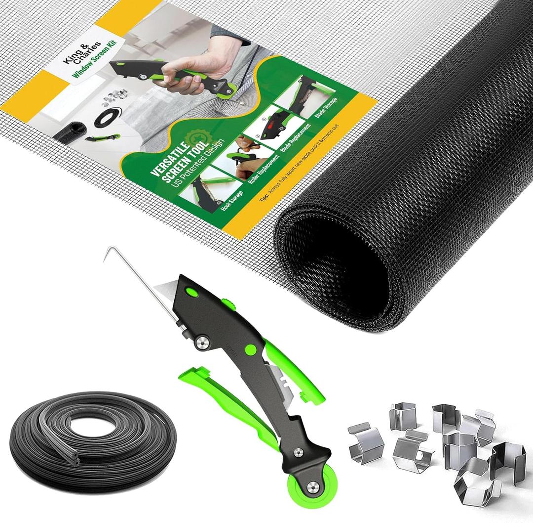 King&Charles Window Screen Door Repair/Replacement Kit, Includes Black Screen Mesh 48"x118"+ Versatile Screen Roller Tool+50Ft Spline+8Clips, Insect Screen, Pet Proof Window Mesh Kit