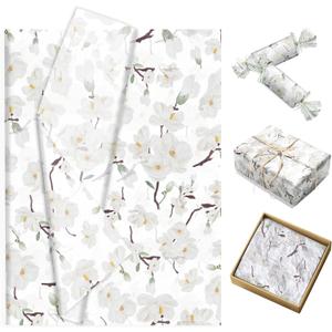 100 Sheets White Magnolia Pattern Tissue Paper, Florals Gift Wrap Decorative Paper DIY Arts Crafts for Wedding Birthday Theme Party Decorations Supplies, 13.8 x 19.7 inches