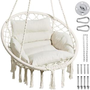 Greenstell Hammock Chair, Macrame Swing Chair with Comfy Cushion, Boho Hanging Chair for Outdoor & Indoor, Perfect for Bedroom, Patio, Balcony, Hold up to 330Lbs, Beige (Standard Size (24.0 x 27.6 x 48.0 inch))