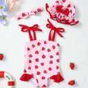Renotemy Baby Girl Swimsuit Toddler Girls One-Piece Swimsuit Summer Beach Bikini Girl Bathing Suits with Hat 0-24 Month (Strawberry)