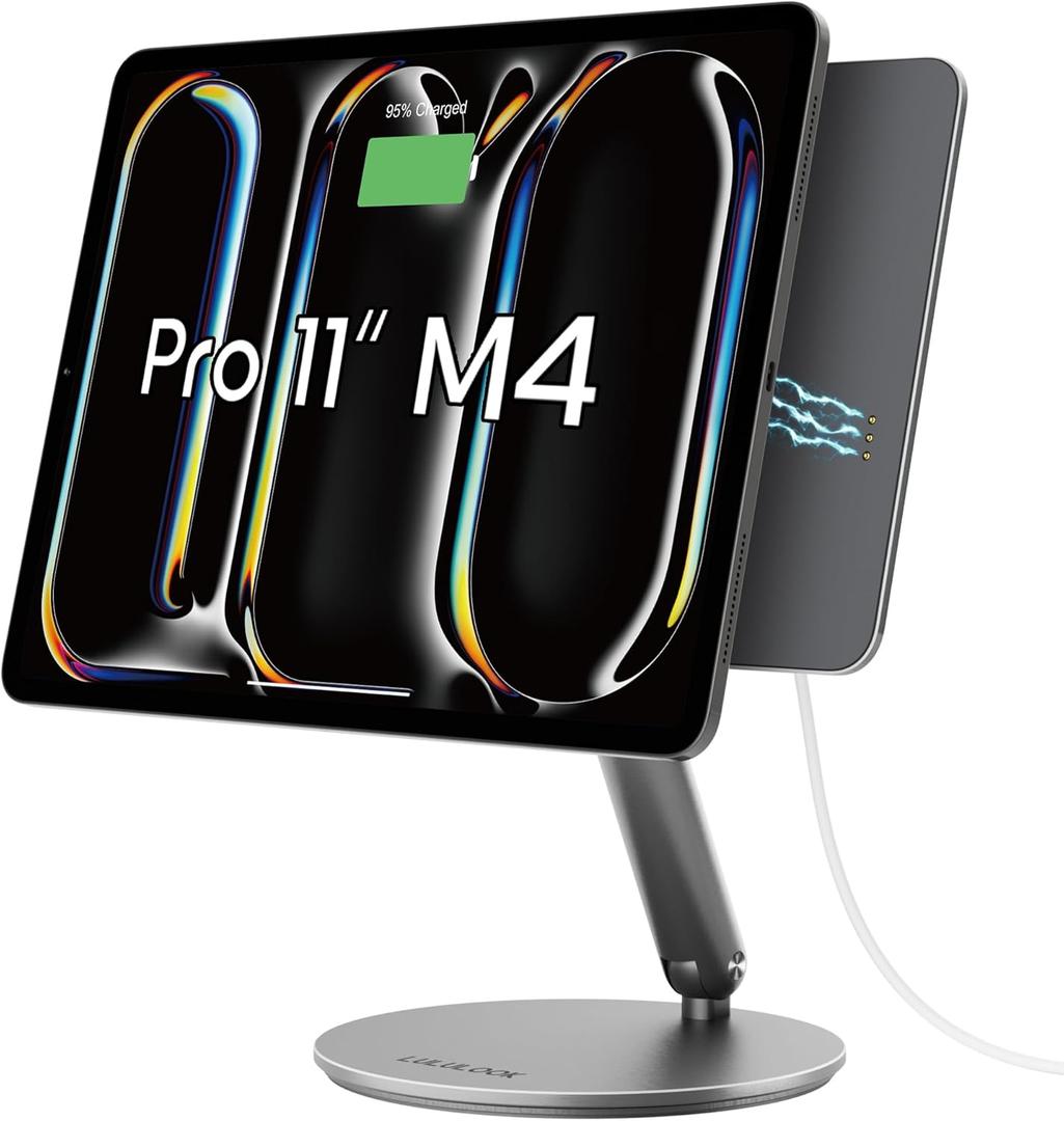 LULULOOK Magnetic Wireless Charging Stand for iPad Pro 11" M4 & M5, 360 Rotating Base with Anti-Slip Pad, Aluminium Alloy Foldable iPad Pro Stand Tablet Holder for Desk, USB C Cable Included