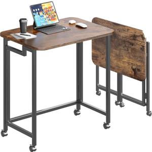 JSB Small Folding Computer Desk with Storage Bag and Hook Writing Modern Industrial Work Table Laptop for Home Office White (Rustic & Brown, 23.6")
