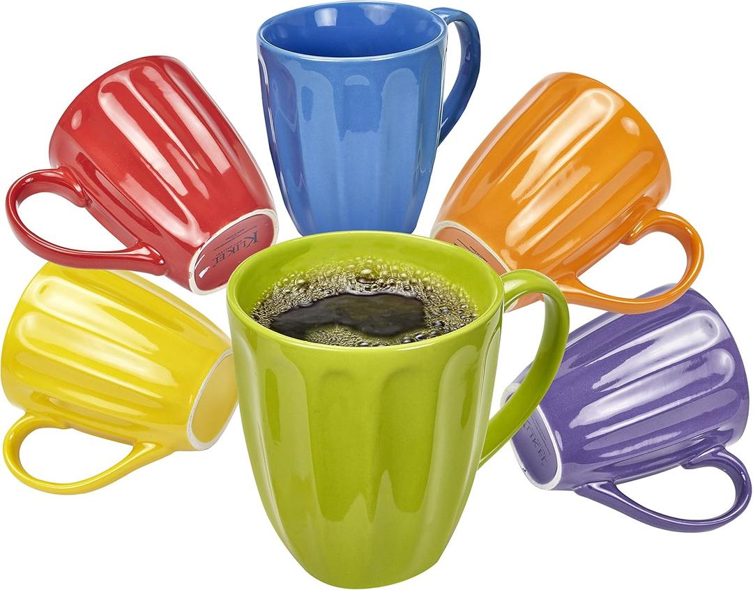 Klikel Coffee Mugs Set of 6 - Fluted Ceramic Mug - Hot Tea And Coffee Cup - Solid Bright Colors - Dishwasher And Microwave Safe Dinnerware (Colored Fluted)