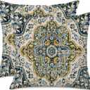 Outdoor Waterproof Pillow Covers - 18 x 18 Inch Set of 2 Bohemian Vintage Carpet Pattern Pillow Covers in Green and Blue Ethnic Design for Decorative Farmhouse, Couch, Garden, Balcony