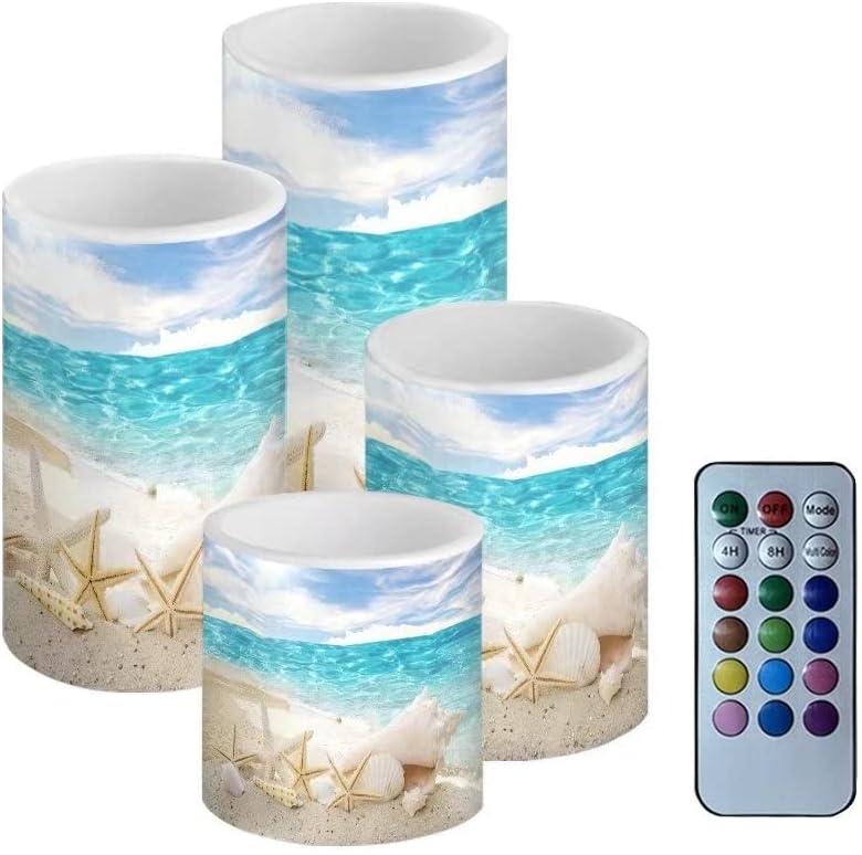 Beach Starfish Seashell Flameless Light Candles Battery Powered with Timer Remote Color Chaging Pillar Candle with Warm Yellow Color Changing Light Pack of 4