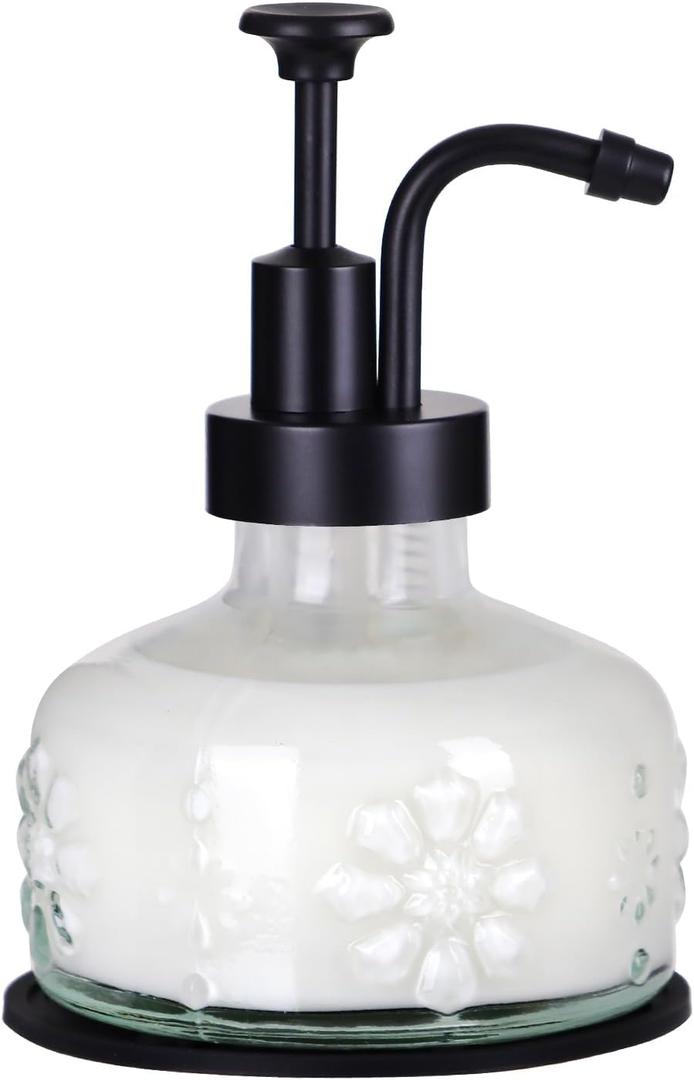 Glass Soap Dispenser for Kitchen and Bathroom Countertop, Smooth Action Pump Refillable Wash Hand Liquid, Dish Detergent, Farmhouse Style with Cylindrical Shape Shampoo Lotion Pump (3-3/8" X 3-3/8" X5-1/2")