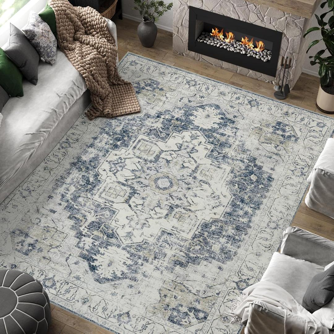 jinchan Area Rug 8x10 Washable Living Room Rug Vintage Soft Indoor Large Floor Cover Retro Distressed Mat Accent Lightweight Non-Slip Thin Carpet for Kitchen Bathroom Bedroom Grey