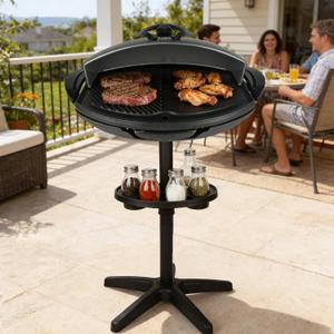 Indoor & Outdoor Electric Grill, Portable BBQ with Non-Stick Baking Pan, 1500W Power & Intelligent Temperature Control, Removable Stand for Balcony Backyard Camping Party, Gray