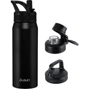 OLDLEY 24 oz Insulated Water Bottle With Straw, Stainless Steel Sports Water Cup Flask with 3 Lids(Straw, Spout and Handle Lid) Double Walled Travel Thermal Canteen Mug,No Silicone Base,Black