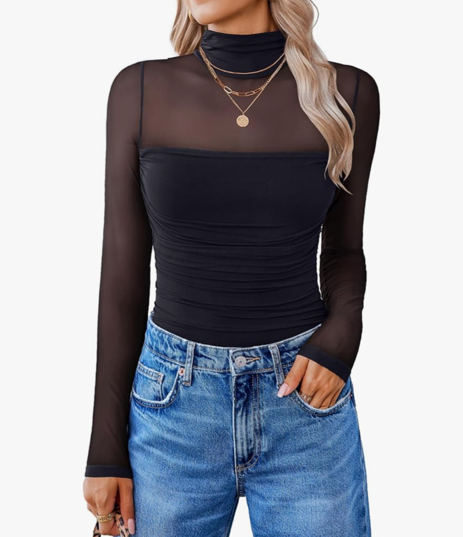 Avidlove Women Long Sleeve Bodysuit Turtle Neck Shapewear Body Suits Mesh One Piece Leotard Shirt Going Out Tops Fall Outfits, S