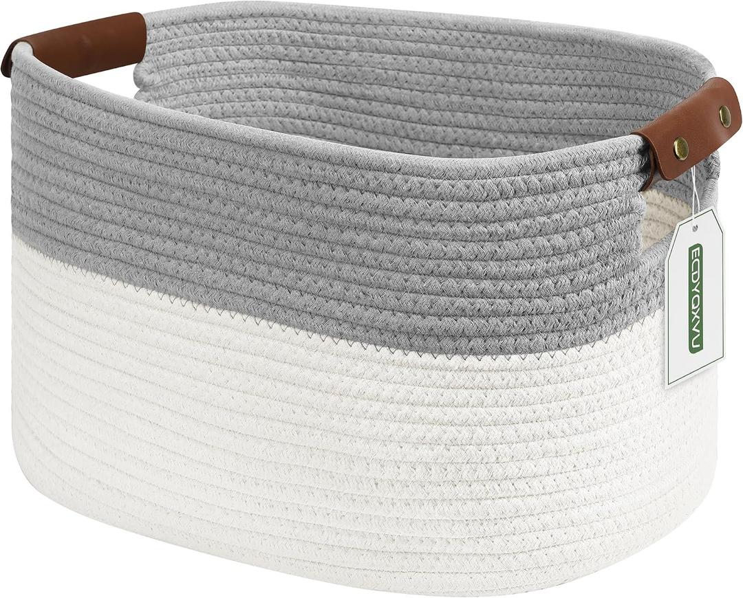 ECDYQXVU Cotton Rope Basket, Storage Baskets with Handle, 15x10x9 Inch Woven Basket for Shelves, Laundry, Towels, Clothes, Books (White/Grey 1Pack)