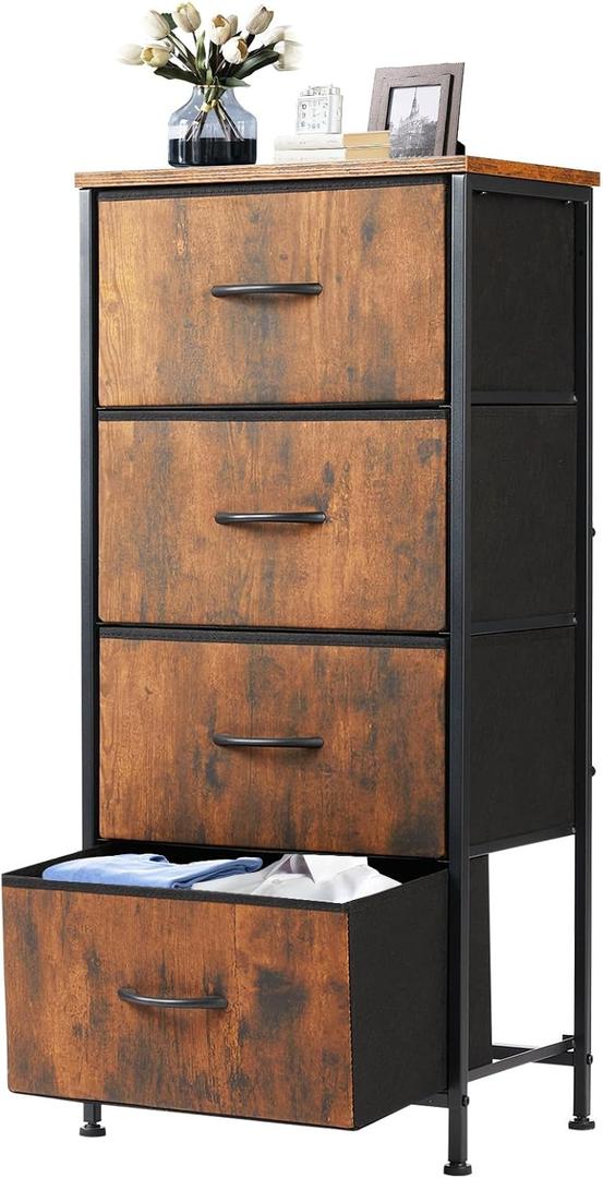 DUMOS Night Stand with 4 Fabric Drawers, Bedside Table for Bedroom, 11.8"D x 17.7"W x 37.4"H