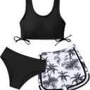 Girl's 3 Piece Bikini Bathing Suit Printed Sport Swimsuits with Shorts Cove Up Sets Teen Girl's Swimwear (Black and Coconuts), Size: 13-14 Years
