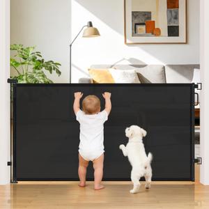 42" Extra Tall Retractable Baby Gates for Stairs, 76" Wide Dog Gate Indoor Outdoor for Doorways Deck Kitchen, Long Mesh Safety Gate for Child Toddler, Prevent Pet from Jumping Over, Black