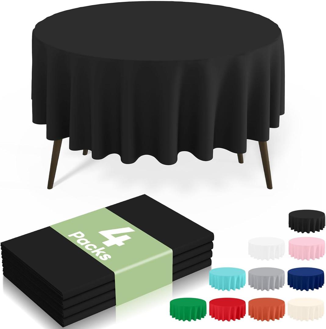 3 x misaya 4 Packs Disposable Table Cloth, 84" Round Waterproof Tablecloth, Leakproof & Sturdy Decorative Table Covers for Picnic and Outdoor, Black