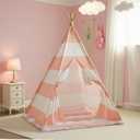 Teepee Tent for Kids with Padded Mat, Lights, and Carry Bag, Washable Playhouse for Indoor Use, Ideal Play Tent for Girls and Boys, Stripe Size: Standard