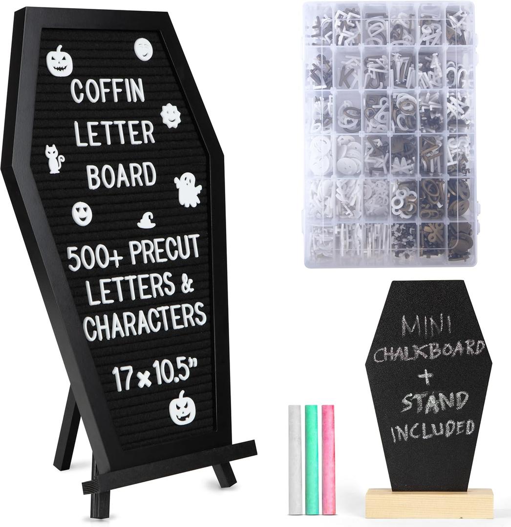 Manny's Mysterious Oddities Coffin Letter Board with Mini Coffin Board- Gothic Wedding Decor - Spooky 17x10.5 inches Felt Letter Board with 500 Precut Characters & Emojis