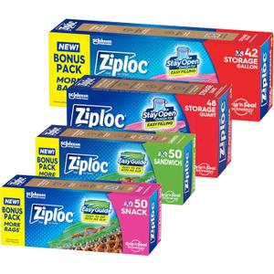 Ziploc Brand Storage Bags Variety Pack, 42ct Storage Gallon and 48ct Storage Quart with Stay Open Design, 50ct Sandwich and 50ct Snack with Grip N Seal Technology, 190ct Total