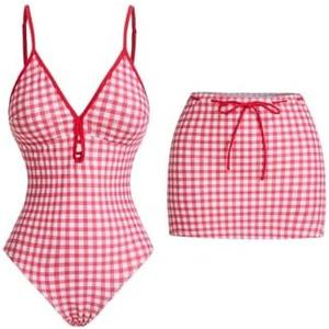 Verdusa Women's 2 Piece Gingham Lace Up Backless One Piece Swimsuit with Beach Cover Up Skirt Set, XL