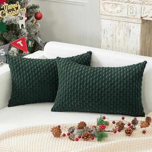 Kevin Textile Christmas Decorative Pillow Covers Set of 2 Striped Plush Corduroy Rectangle Lumbars Boho Home Decor Cushion Covers for Couch Sofa Bed Living Room 12x20 Inch, Army Green