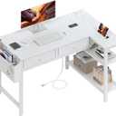 DLisiting Small White L Shaped Desk with Drawers & Storage Shelves, 40 Inch Corner Desk with Power Outlet for Small Space Home Office, Study Work PC Desks for Bedroom