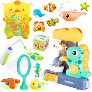 EKU Dinosaur Bath Toys for Kids Toddlers Age 18months+ Interactive Floating Sea Animal Dice Mold Free Fishing Game Water Play Bath Time Bathtub Storage Bag Girl Boy Baby Infant