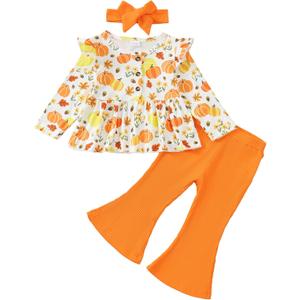 Toddler Baby Girl Clothes Fall/Winter Girls Outfits Ruffle Long Sleeve Tops Floral Flared Pants Girls' Clothing Sets (Orange)