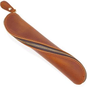 GORGECRAFT Cowhide Crazy Horse Leather Pen Case Leather Pencil Pouch Genuine Leather Handcrafted Real Leather Bags Zippered Holder for Men Women Adults Stationery Storage Reading Glasses, Saddle Brown