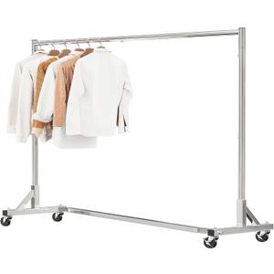 Simple Trending Industrial Grade Z Base 70in extra long Clothes Garment Rack, Commercial Grade Rolling Clothing Rack, Heavy Duty 600lb Load with Wheels, Chrome