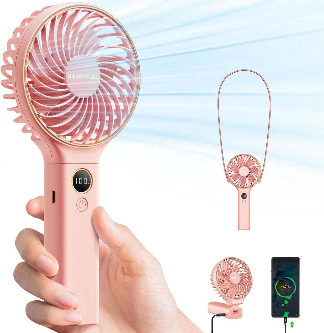 SWEETFULL Handheld Fan, Portable Fan, 5000mAh Rechargeable Battery, 6 Speed Wind, LED Display, Personal Mini Travel Fan with Backup Power, Hand Held Fan USB Foldable Electric Fan for Women Girl (B-Pink)