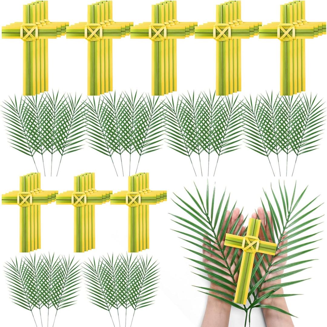 Zeyune 100 Pcs Palm Cross and Artificial Palm Leaves Sunday Hand Held Portable Prayer Crosses Artificial Plastic Holding Cross for Easter Church Events Decor