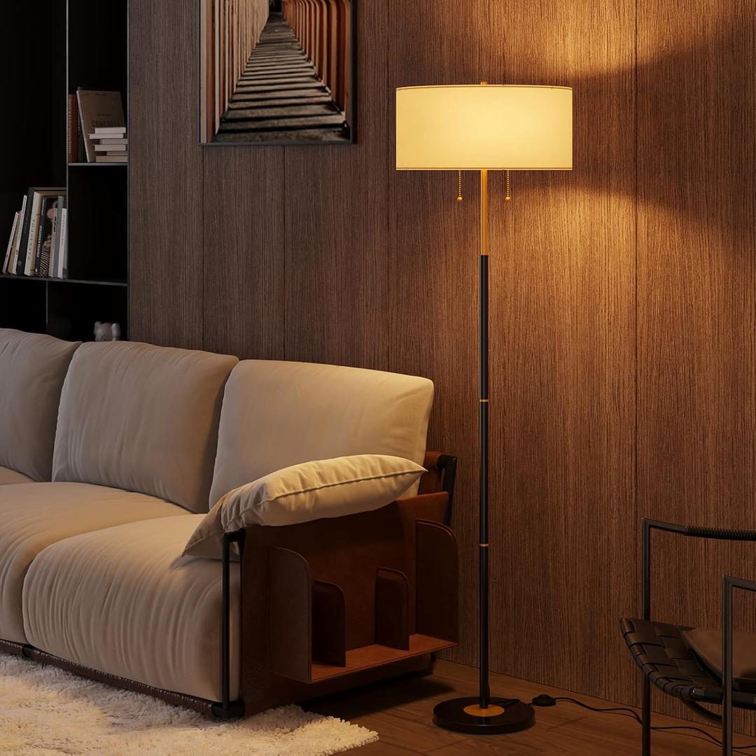 2-Light Floor Lamp, Mid Century Floor Lamp with White Fabric Shade, Standing Lamp Tall Lamp for Living Room Bedroom, 3 Color Temperatures 9W Bulb Include (Black & White)