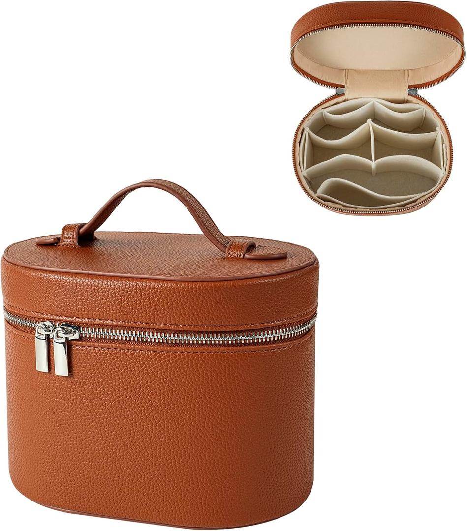 Aesthetic Makeup Bag, Travel Makeup Vanity Case with Divider and Handle, Waterproof PU Leather Cosmetic Organizer Bag, Portable Toiletry Bag for Women(01Brown)