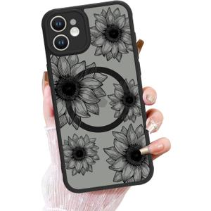 OOK Phone Case Design for iPhone 11 Case [Compatible with MagSafe], Cute Sunflower Floral Blooms Design Black Frosted Shockproof for Women Girls Magnetic Phone Cover - Black Flower