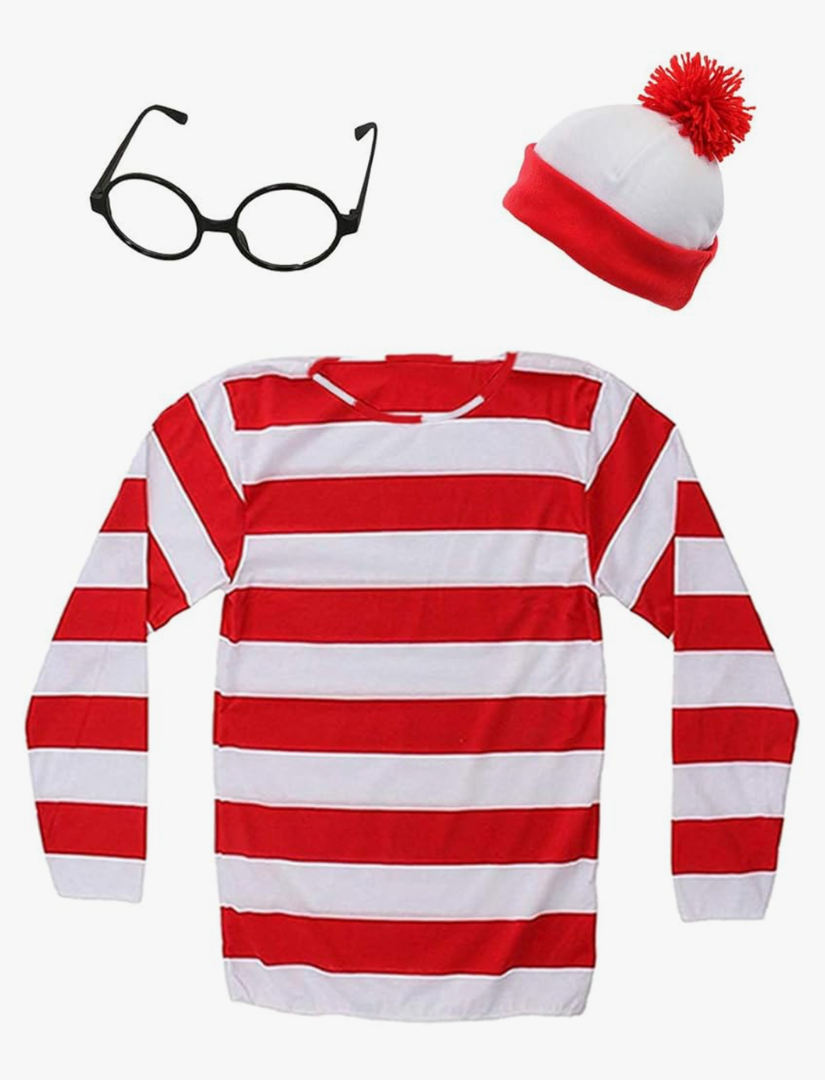 Adult Men Red and White Striped Tee Shirt Glasses Hat Outfit Suit Set, Halloween Cosplay Sweatshirt Eyewear Costume Size M