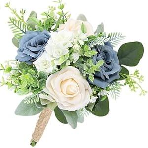 SEMONONIA 7 Inch Bridesmaid Bouquet Flowers - Artificial Bouquet for Bridesmaid Wedding Rustic Small Floral Centerpiece for Marriage Proposal Party Anniversary Dining Table Decor - Green & Dusty Blue 4 packs