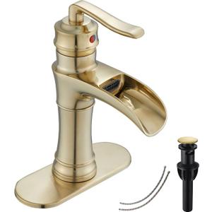 Waterfall Bathroom Faucet Brushed Gold GGStudy Single Handle One Hole Farmhouse Bathroom Vanity Faucet Basin Mixter Tap Deck Mount with Drain Assembly (Short)