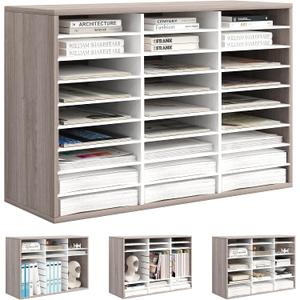 Alpeir Wood Desk Paper Organizer, Hold 13500 Sheets A4 Papers, 27 Slots Adjustable Literature Organizer with Removable Shelves, Classroom Mailbox for Teacher Student Assignment, Retro Grey/White