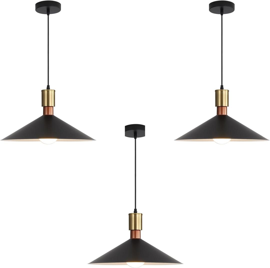 EFINEHOME 16 Inch Modern Black Pendant Light, Minimalist Cone Pendant Lamps for Kitchen Island, Industrial Adjustable Height Hanging Lights Indoor for Barn Dining Living Entryway Shop (Style A-3 Pack)