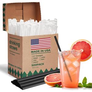 Glotoch Express 500 PCS Individually Wrapped Black Plastic Straws, 7.75'' Long, 0.24'' Diameter Disposable Drinking Straws for Every Occasion, Party, Made in USA