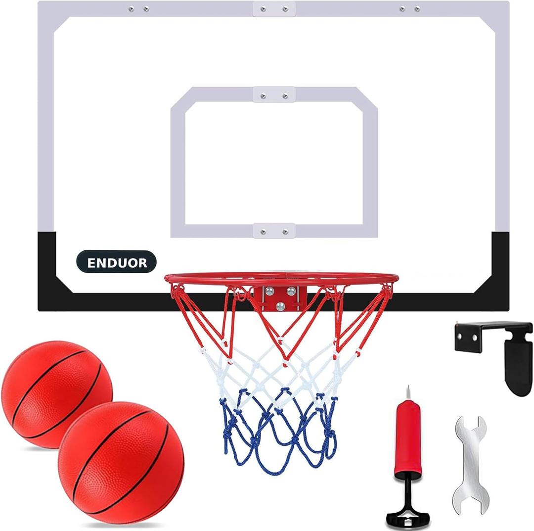Basketball Hoop Indoor for Kids & Adults, 26 x 17in Wall Mount or Over The Door Basketball Hoop, Complete Set with 2 Basket Balls & Pump, Easy to Install for Room, Office, or Classroom