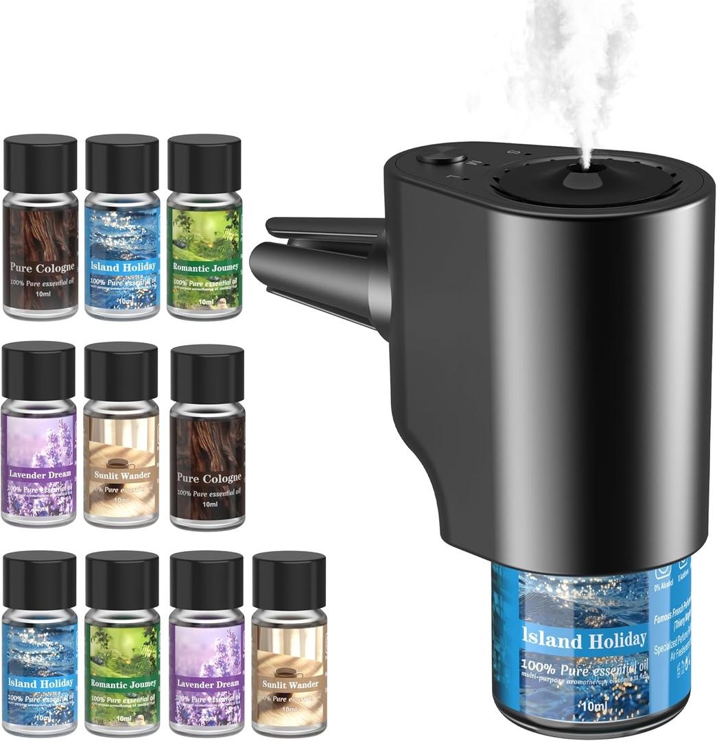 Car Air Freshener, 5 Scents, 10 Refills, Smart car Air Freshener for Vent Clips, Auto On/Off, Three Spray Modes, Car Fresheners Long Lasting (1 Pack)