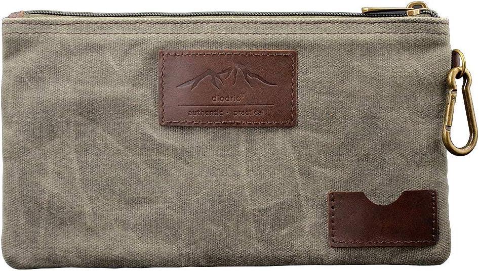 All Purpose Utility Zipper Pouch, EDC Organizer, Water Resistant, Durable Waxed Canvas with Full Grain Leather, Carabiner, Inner Pockets, Office Work Essentials, Charger Case, Pencil Case. Olive.