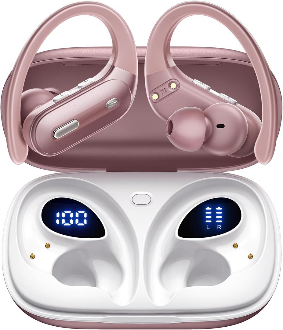 Wireless Earbuds Bluetooth 5.3 Headphones 90 Hrs Playtime Ear buds with Wireless Charging Case Power Display Over-ear Earphones with Earhooks Waterproof Stereo Headset for Android phone Workout Pink
