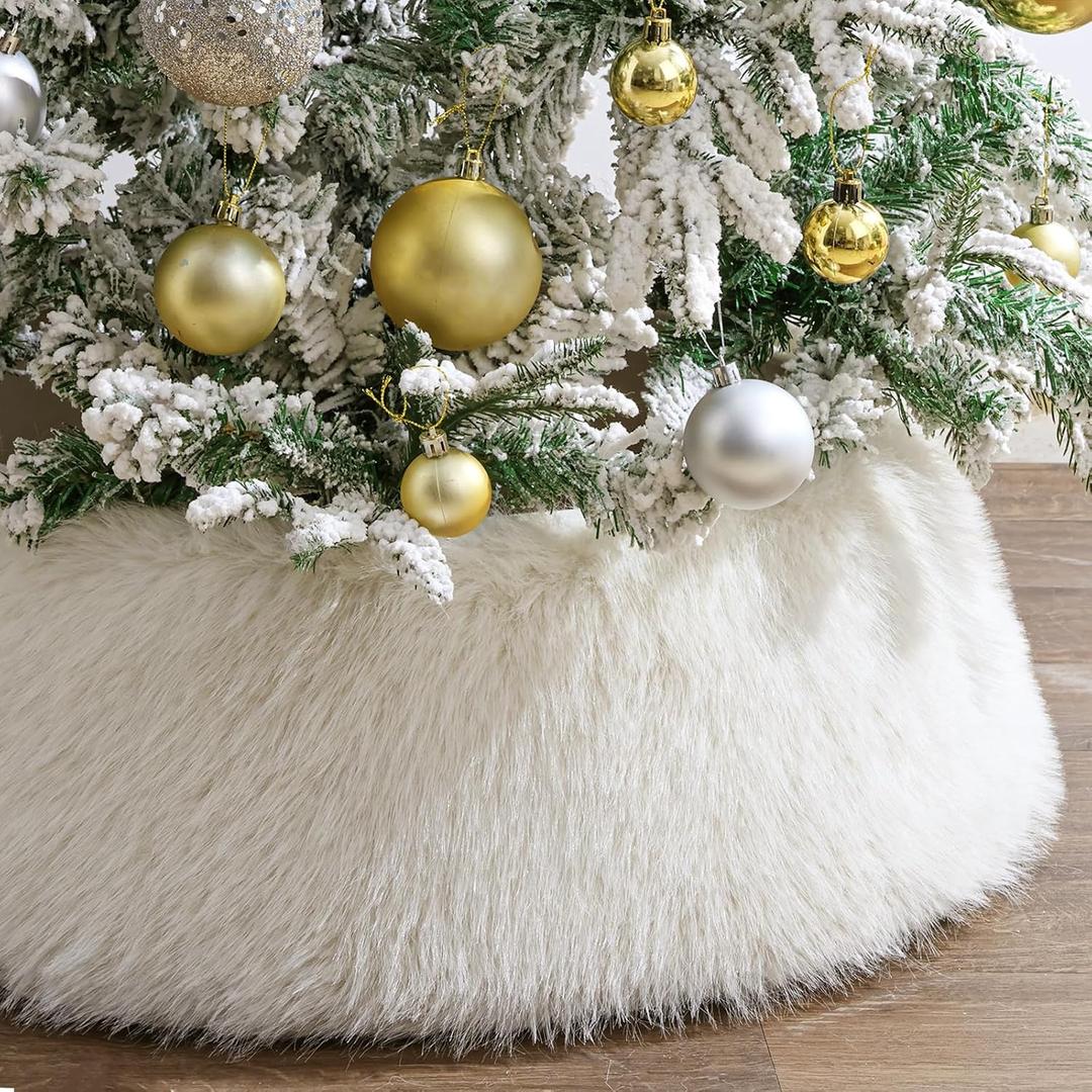 Christmas Tree Collar: Snow White Luxury Thick Plush Faux Fur Xmas Tree Collars Cover, Rustic Size Adjustable Tree Skirt for Holiday Decorations