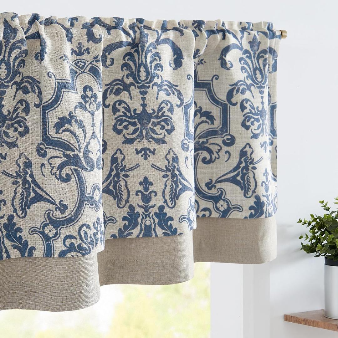 jinchan Linen Valance Curtain for Kitchen Vintage Damask Floral Blackout Valance Double Layer Small Window Curtain for Living Room Bedroom Bathroom 18 Inch Rod Pocket 1 Panel Dark Blue on Beige
