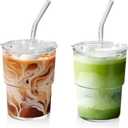 15 oz Matcha Cup Set of 2, Iced Coffee Tumbler Water Glass with Straw and Lid, Clear Thick Wall Matcha Iced Coffee Glass To Go for Smoothie Tea Soda Juice