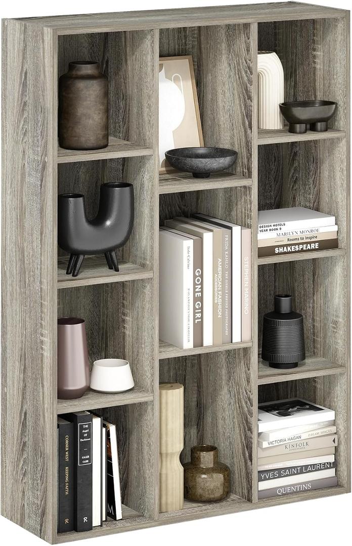 Furinno LUDER Book Shelf, 11-Cube Bookshelf, Reversible Bookcase, 9.4 x 29.1 x 41.7, Easy Assembly, for Living Room, Bedroom, Home Office, French Oak | Furinno, Luder, 11-Cube, Reversible, Open Shelf, Bookcase