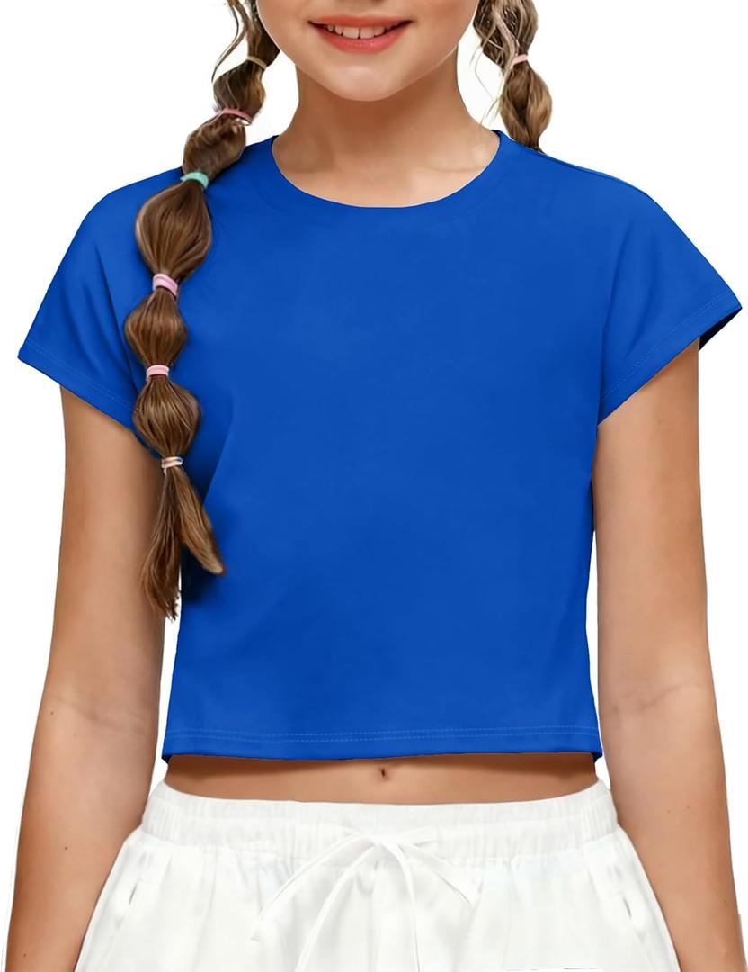 Zaclotre Girls Crop Tops Batwing Short Sleeve T Shirt Quick Dry Drop Shoulder Basic Tees Workout Athletic Shirts (Blue)